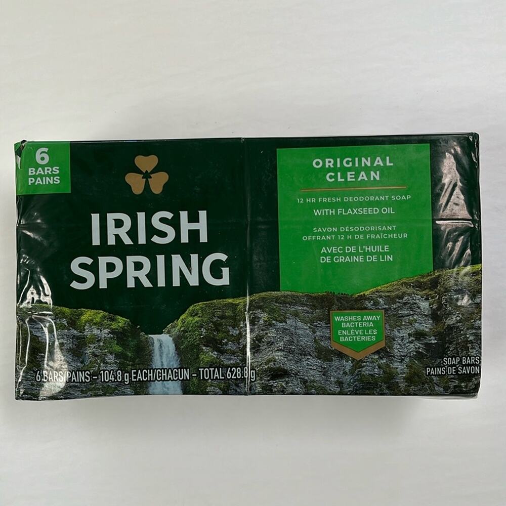 Irish Spring Deodorant Bar Soap Original Clean Flaxseed Oil 6 Pack 1.3 Lb.